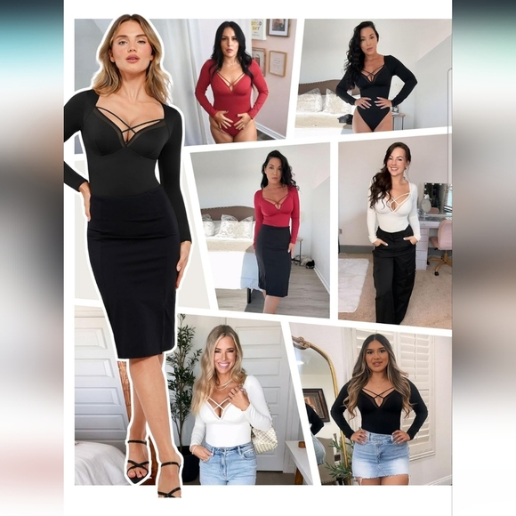 Popilush Women's Longsleeve Maroon Shapewear Tummy Control Bodysuit Size XXL - Picture 4 of 11